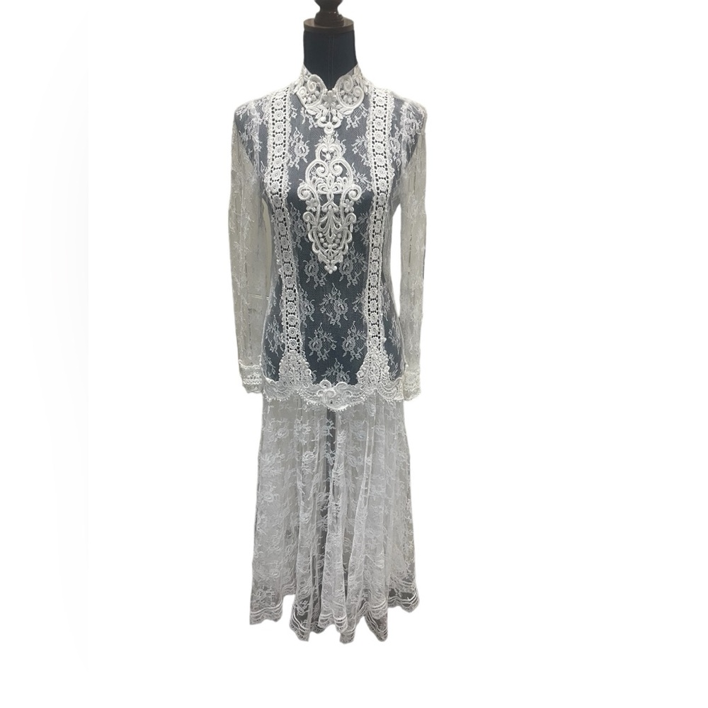 Vintage 80s Jessica McClintock Bridal Prairie Cottage Core Lace Overlay Sz 7/8